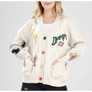 Ebossy Knitted Cardigan Cream White Medium Patchwork Embroidery Size M
